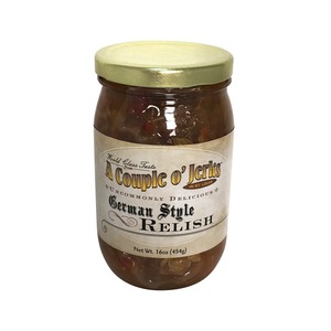 close up of front of german style relish jar with white background